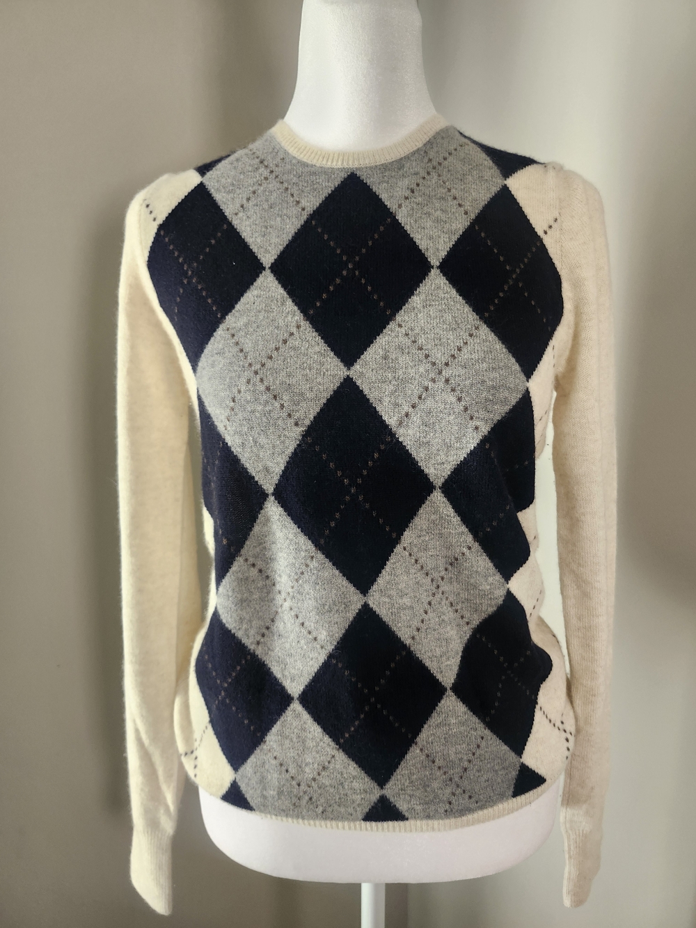 J Crew Classic Cashmere Argyle Crewneck Sweater in Navy, Gray & Cream Size Small